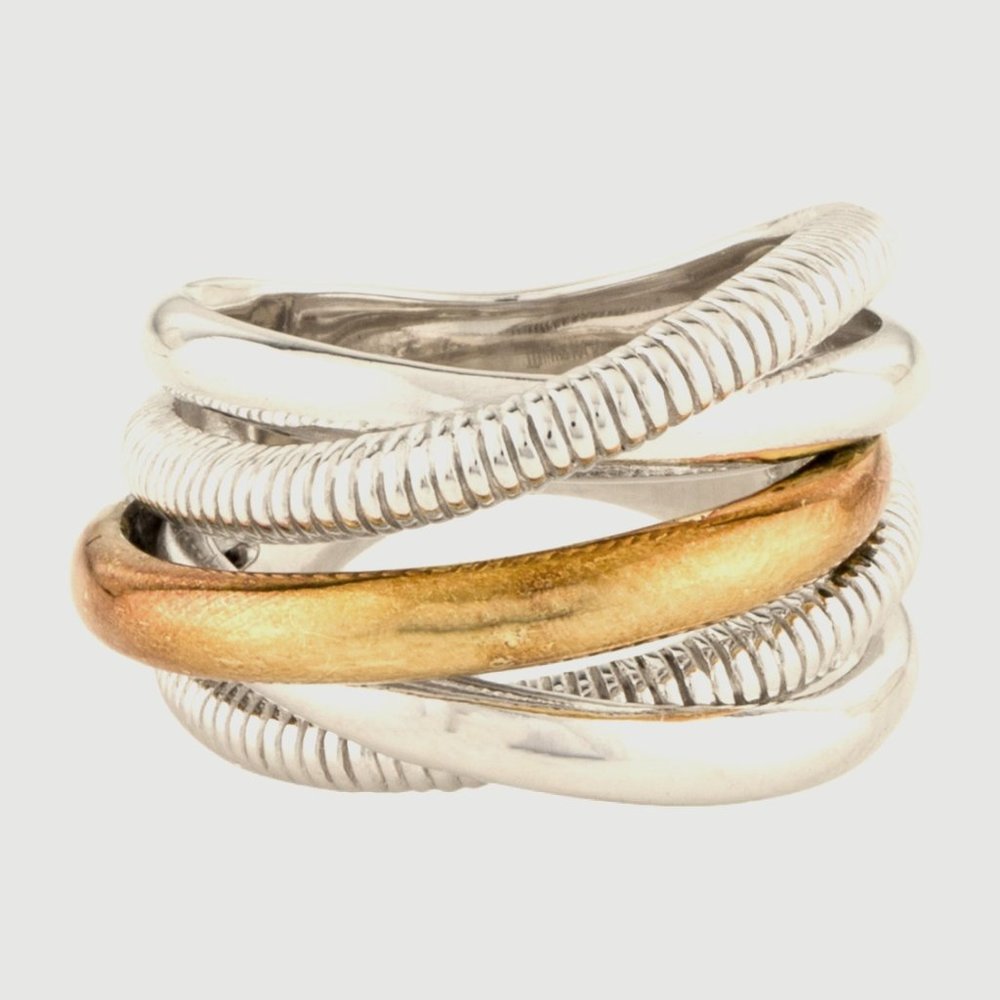 JUDITH RIPIKA TWO-TONE 18K YELLOW GOLD & STERLING SILVER HIGHWAY BAND RING